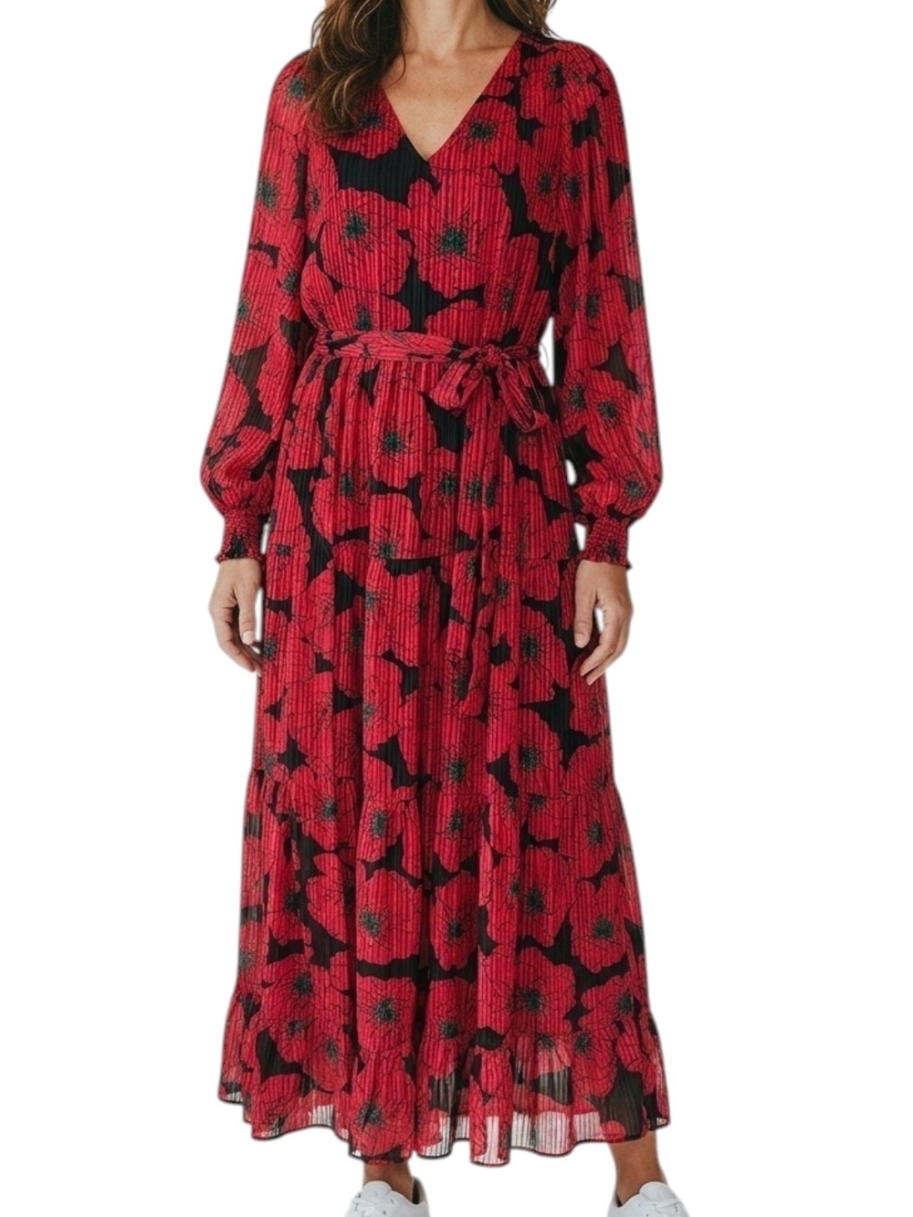 Jade Red Floral V-Neck Maxi Dress with Black Accents
